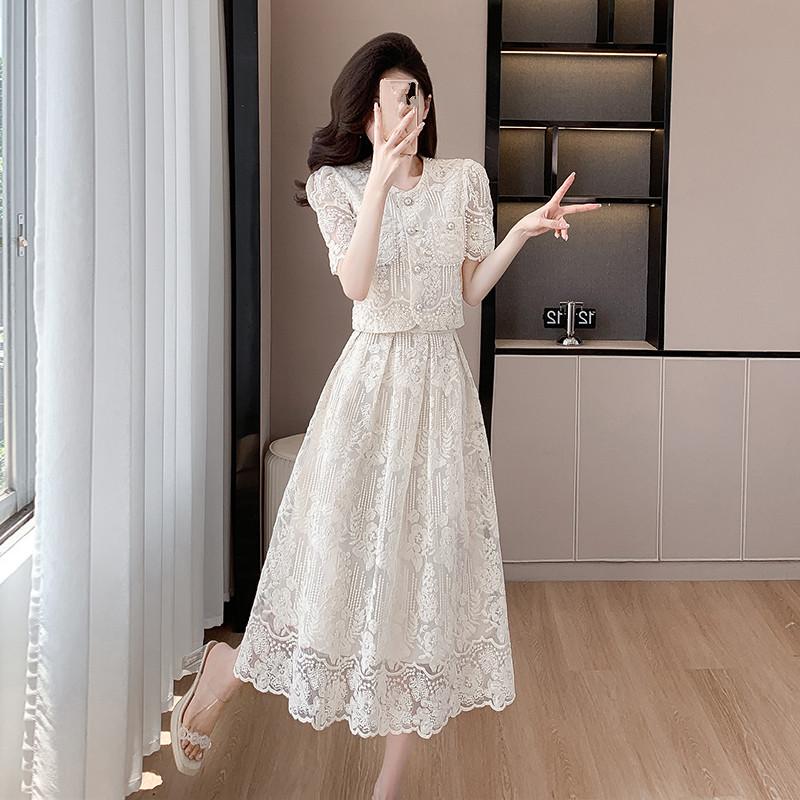Элегантные женские летние кружевные костюмы, милая однотонная рубашка с цветочной вышивкой, топы, комплект из двух предметов, юбка миди, женская одежда