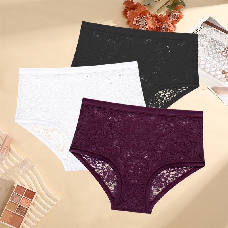 3PCS/Set Floral Embroidery Lace Panties Women's Plus Size Underwear Sexy Hollow Solid Briefs Girls Mid-Rise Temptation Lingerie