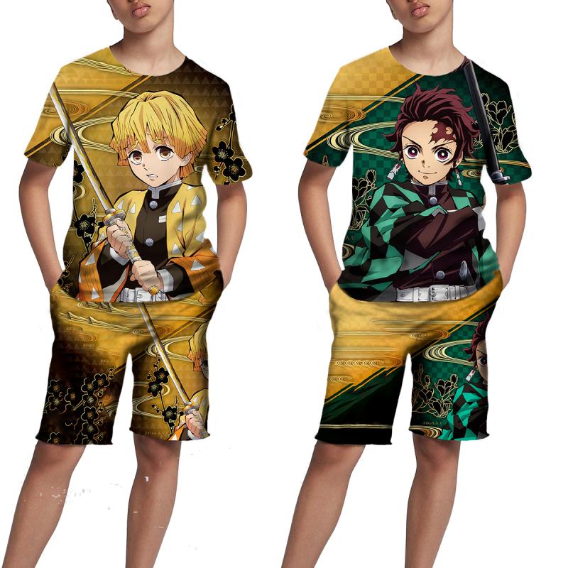 Детские топы/брюки/костюм с 3D принтом японского аниме «Убийца демонов» для девочек Kimetsu No Yaiba Tomioka Giyuu, комплект футболок и шорт с мультяшным рисунком