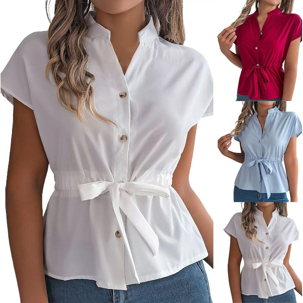 Women's Loose Casual Solid Color Button Drawstring Short Sleeved Shirt Top Short Sleeved Shirt Top