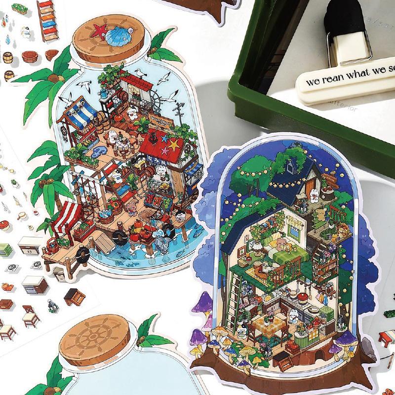 4 Style The Ninth Bullet Series Sticker Scene 2.5D Landscape Miniature Sticker Decompression Collage Landscape DIY Decoration