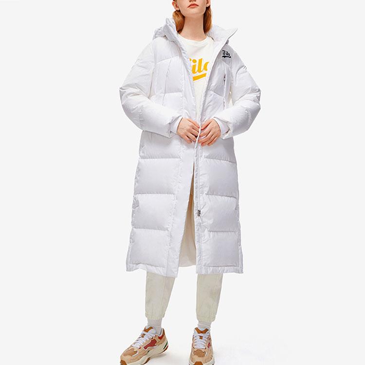 Fila Fusion Серия бейсбола Нашивка с буквой Модный длинный теплый пуховик с капюшоном Женская верхняя одежда Белый T11W242916FWT
