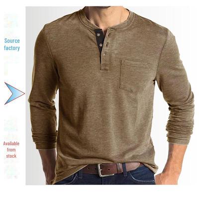 Европейская и американская мужская футболка-henley с длинным рукавом и круглым вырезом