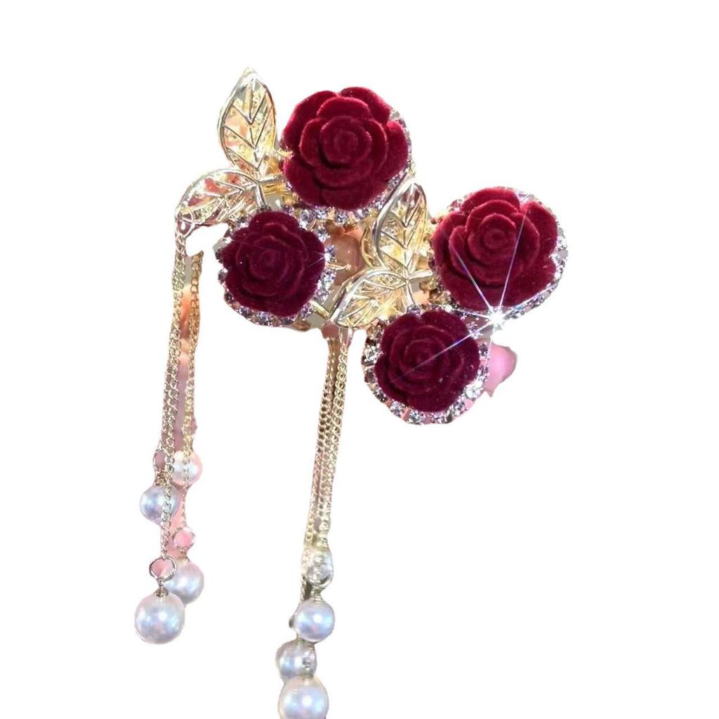Большая заколка для волос с кисточкой в виде красной розы и вишни: Флокированная заколка для волос для женщин