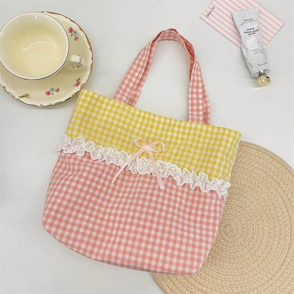 New Canvas Material Splice Lace Handbag Large Capacity Lightweight Tote Bag Splice Lace Design Canvas Lunch Bag Commute