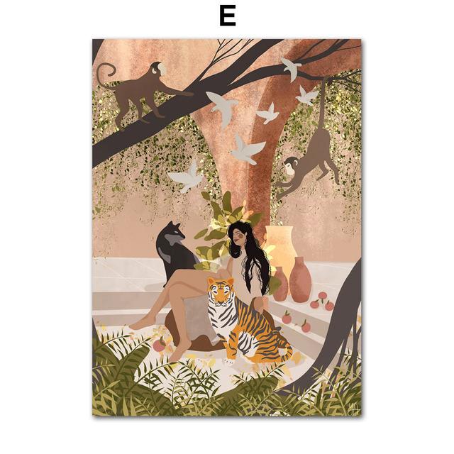 Tropical Girl Book Flower Cheetah Boho Nordic Posters And Prints Wall Art Canvas Painting Wall Pictures For Living Room Decor No Frame