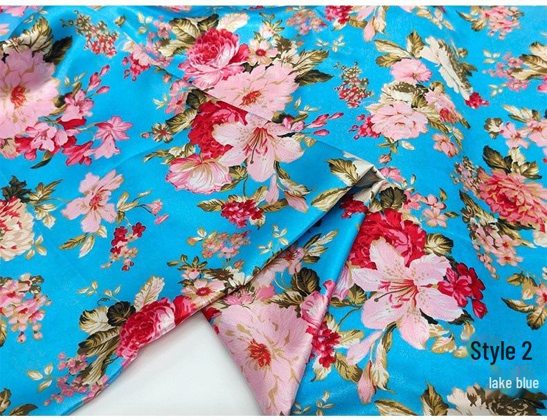 Floral Satin Print Cheongsam Pajamas with Ribbon Headdress and Lantern Kimono Quilt Fabric