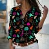 Conch Print Women Blouse Spring Autumn Femme Office Lady Button Up Turn Down Collar Shirts