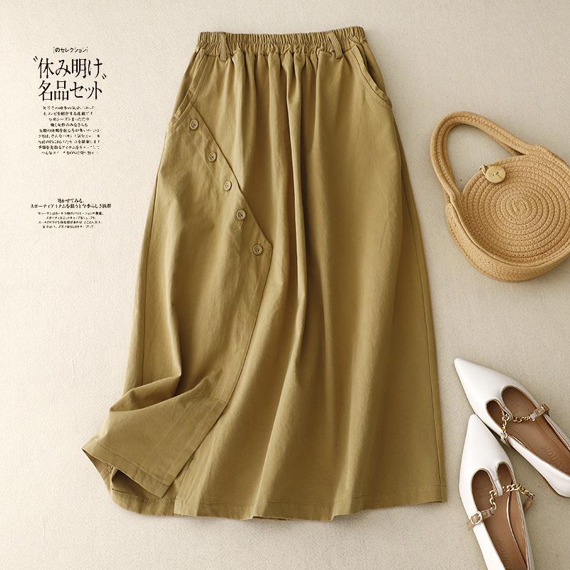 Real Shot Summer New Literary Loose Splicing Solid Color Cotton Elastic Waist Skirt Women's Medium and Long