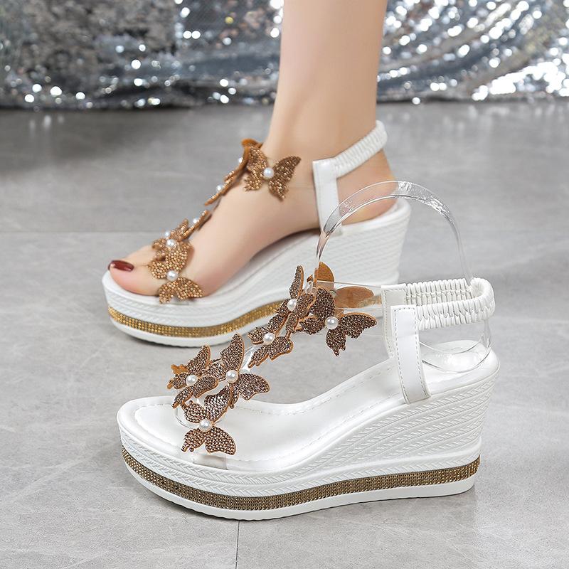 Fashion Butterfy Decorative Women's Wedge Sandals Summer New Hollow Open-toe Shoes Fashion Shiny Rhinestone Ladies Party Shoes Sandalias