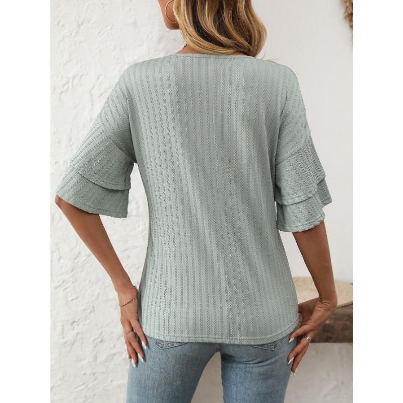 Женская весна-лето, новые однотонные футболки с коротким рукавом и V-образным вырезом, оборками на рукавах