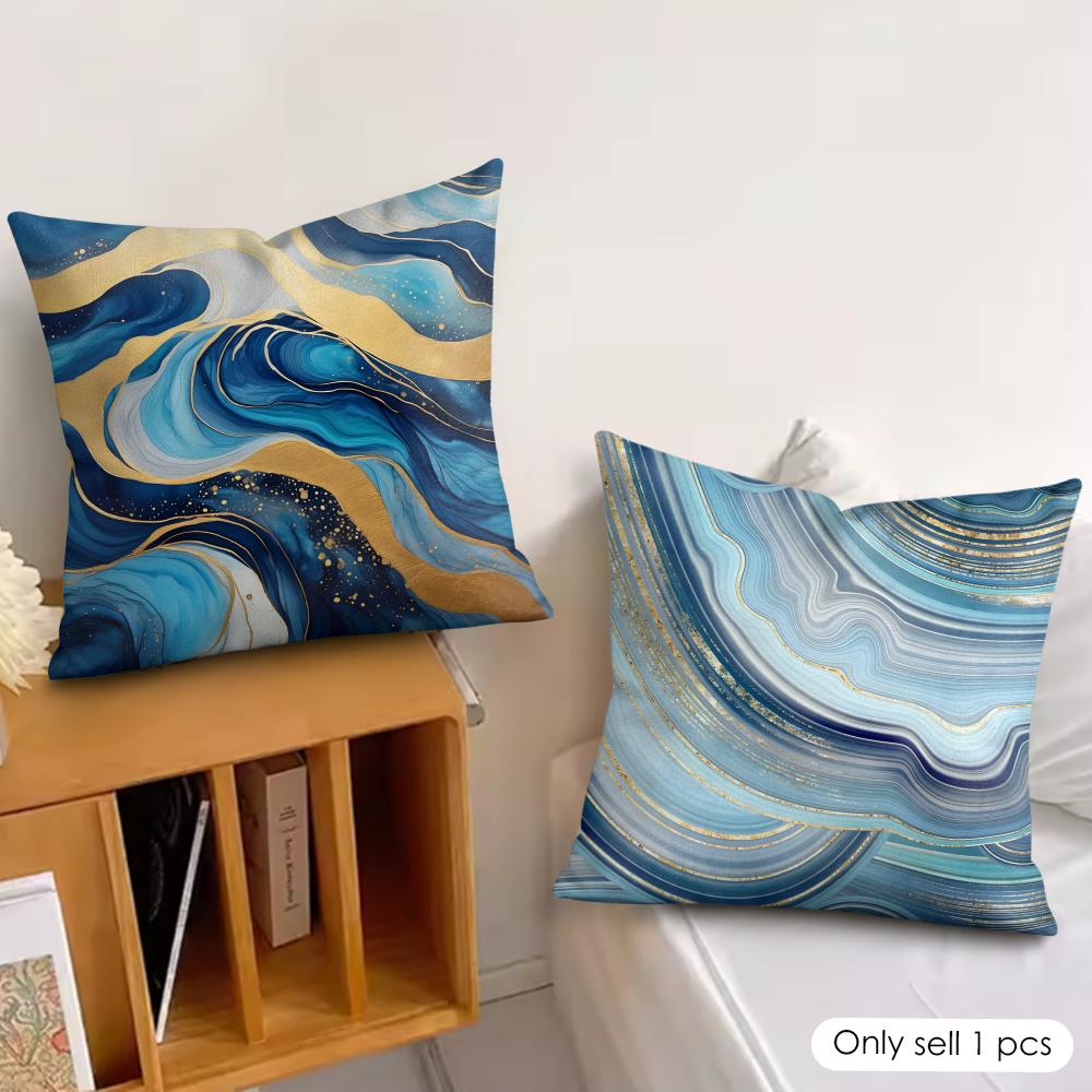 Blue Gold Wave-Shaped Pattern Pillow Case Double-Sided Plush Sofa Cushion Covers Organic Breathable Invisible Zipper