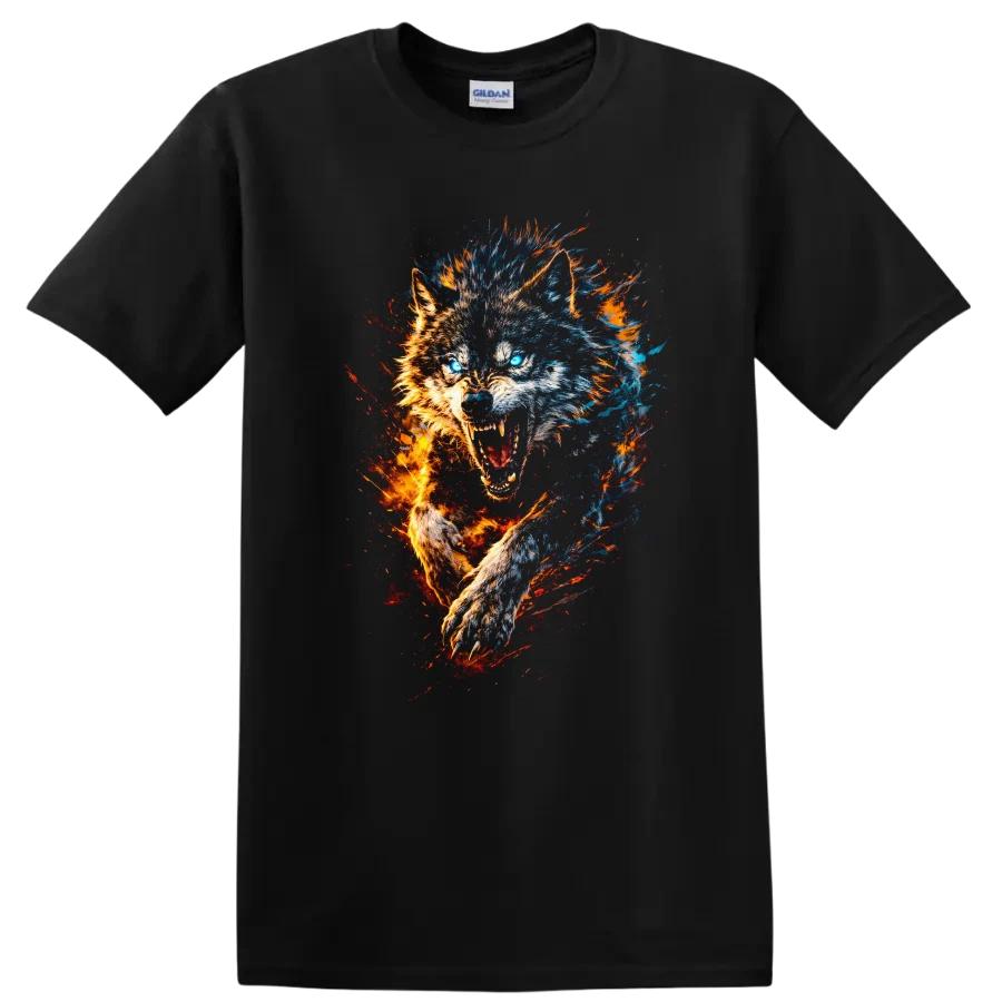Fierce Wolf Graphic Fire T Shirt Cool Wild Animal Design Trendy Tee
