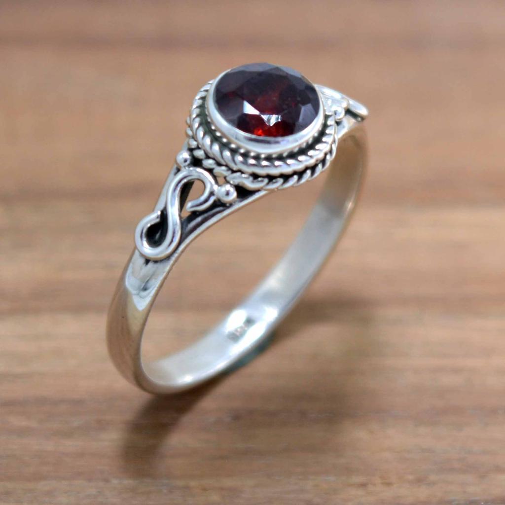 Garnet 925 Sterling Silver Ring, Round Gemstone Handamde Women Ring Jewelry