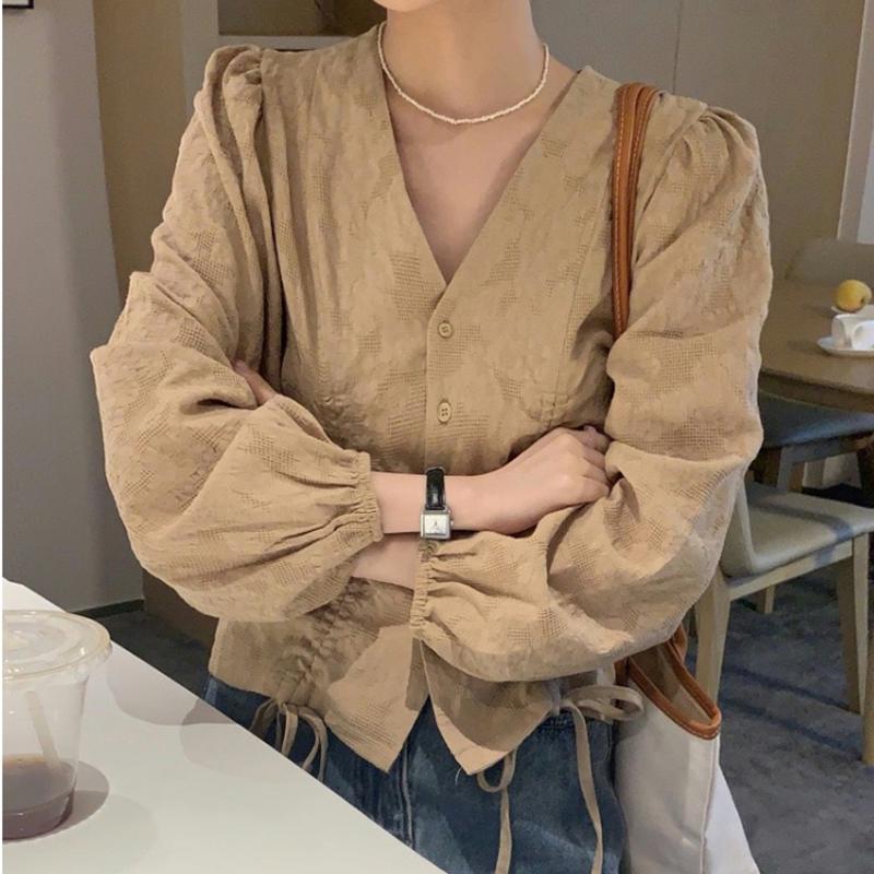 Модная женская блузка трапециевидной формы с v-образным вырезом и завязками на талии, рубашка с длинными рукавами, женские элегантные весенние топы