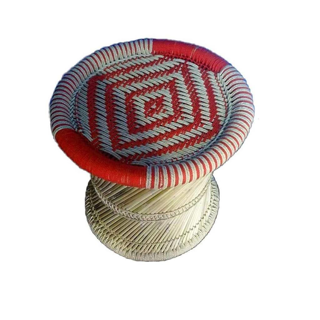 Eco-Friendly Cane Wood Bamboo Sitting Stool, Mudda for Indoor/Outdoor (Natural & Red: Set of 1)