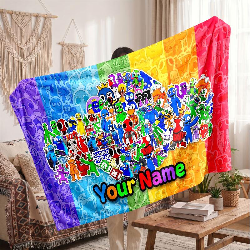 Rainbow Friends Personalized Flannel Blanket, Custom Printed Text Name, Warm Soft Blanket For Couch Bed