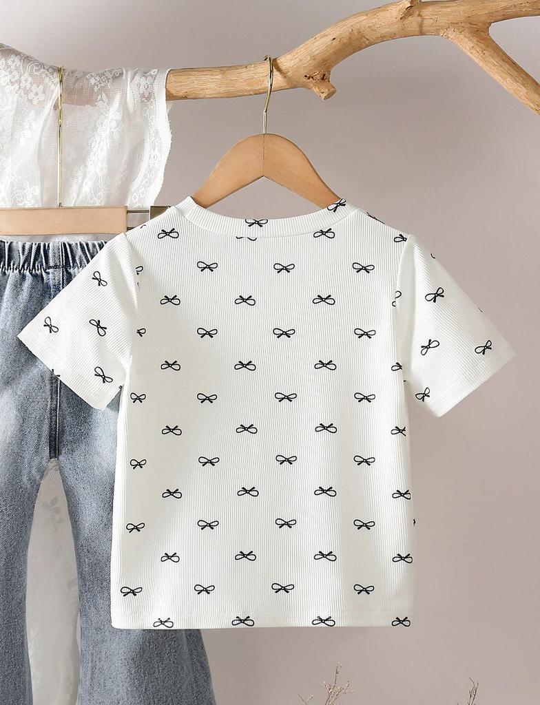 Fashionable and trendy all-over print bow-print comfortable casual round neck short-sleeved T-shirt for girls