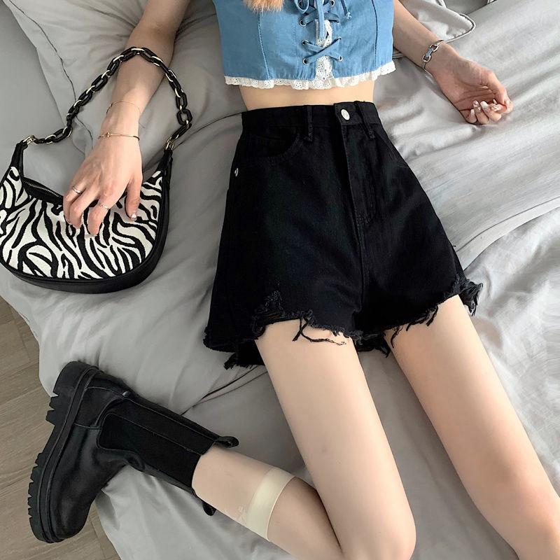 Classic and Minimalist Fashion Versatile Broken Holes Female Summer High-waisted Thin Raw Edge A-line Wide-leg Denim Shorts Individuality Trendiness