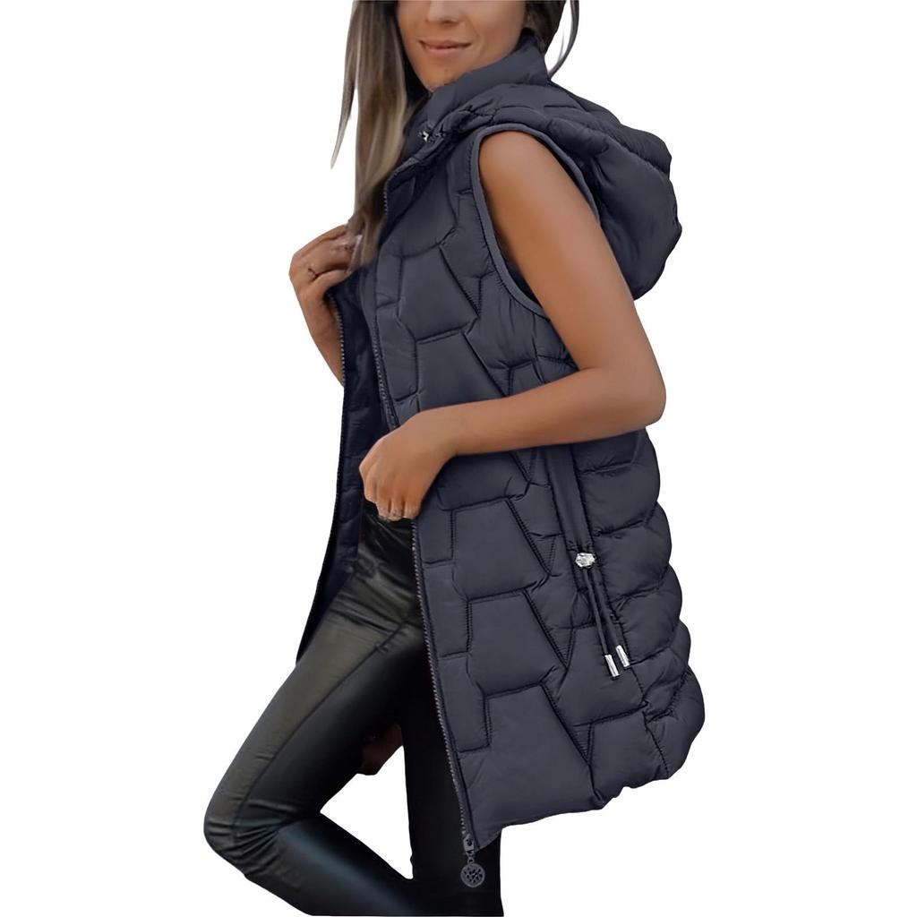 Womens Long Vest Sleeveless Quilted Hoodies Zip Up Puffy Down Vest Outerwear Winter Coats With Pockets