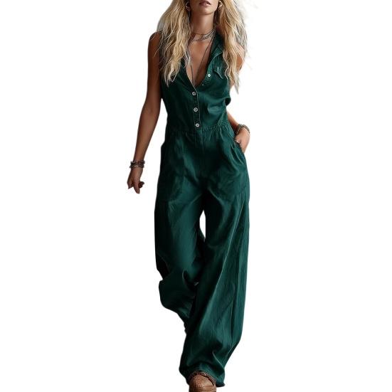 Summer Women Jumpsuit V Neck Sleeveless Front Button Casual Loose Wide Leg Pants Ladies Long Romper Overall with Dual