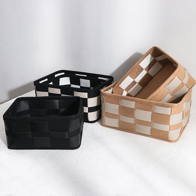 Черно-белая плетеная клетчатая корзина для хранения - Скандинавская кожа и войлочный контейнер для косметики и организации дома
