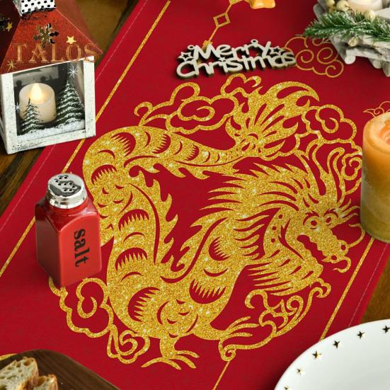 New Year Table Runner Dragon Print Thick Foldable Firm Stitching Sequin Happy Chinese New Year Table Decoration Protection Anti-scalding Holiday