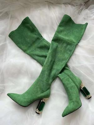 Модные черные/зеленые ботильоны на каблуке с драгоценным камнем, замшевые ботинки на высоком каблуке, с острым носком и боковой молнией, модная женская обувь, короткие/длинные ботинки