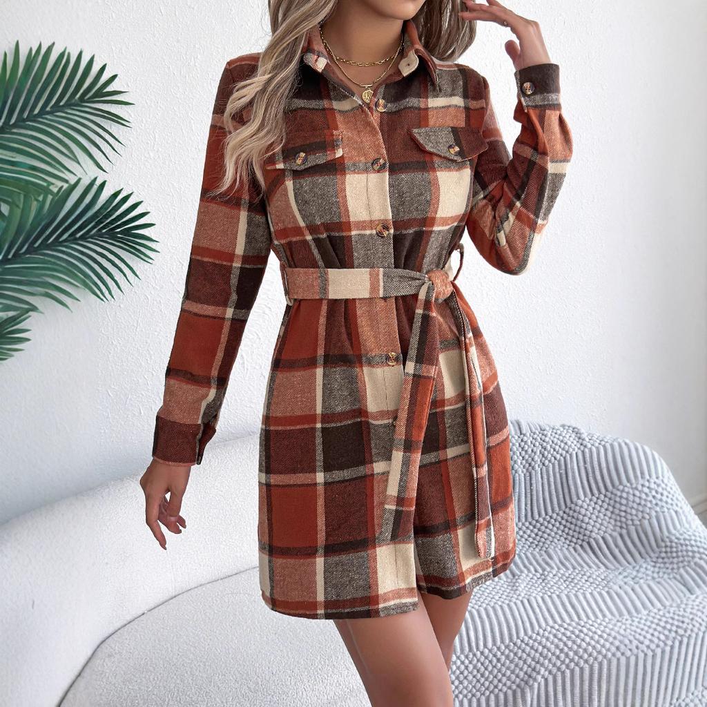 Autumn and Winter Casual Color-blocking Checkered Fake Pocket Long-sleeved Lace-up Woolen Shirt Dress for Women