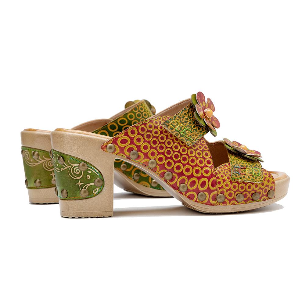 Johnature Тапочки в стиле ретро из натуральной кожи, расписанные вручную, летние шлепанцы с цветочным рисунком, женская обувь, босоножки на высоком каблуке