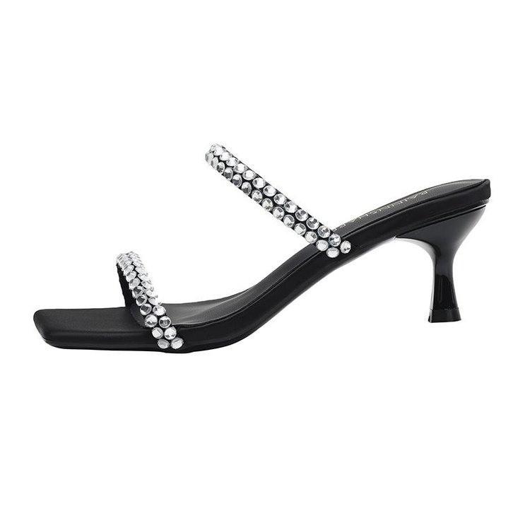 Туфли на высоком каблуке женские, лето 2025, односложные, со стразами, квадратная головка, тонкие каблуки, тапочки, женская одежда, босоножки на высоком каблуке, женские