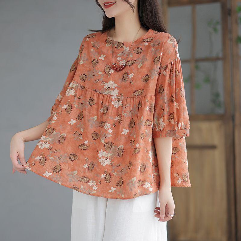 Doll Shirt Short Sleeved Cotton Linen Round Neck T-shirt Women's Summer Plus Size Top Linen High-end Temperament Shirt