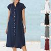 Летнее пляжное платье больших размеров с воротником-стойкой, застегивающимся на пуговицы, коротким рукавом, свободное платье миди, повседневные женские платья с карманом
