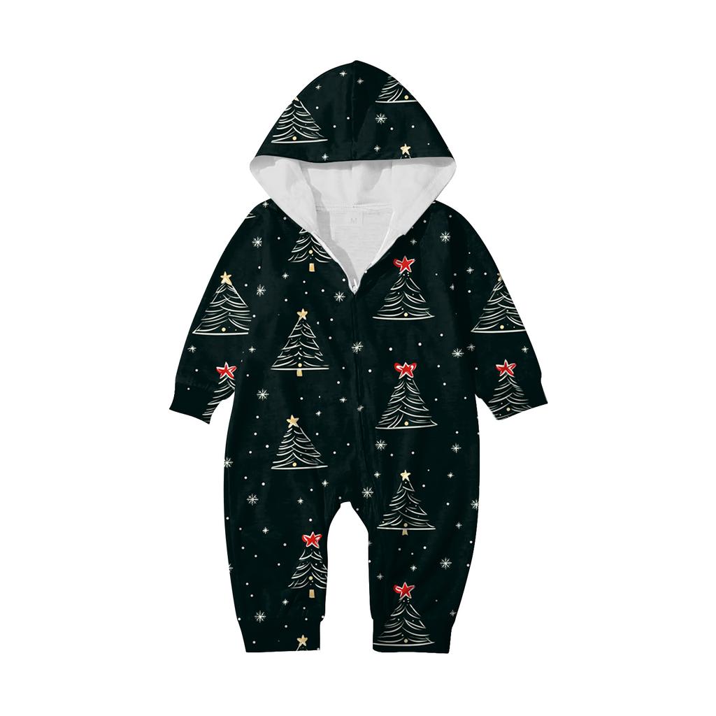 Christmas Print Family Matching Hooded Long Sleeved Zippered Jumpsuit Set