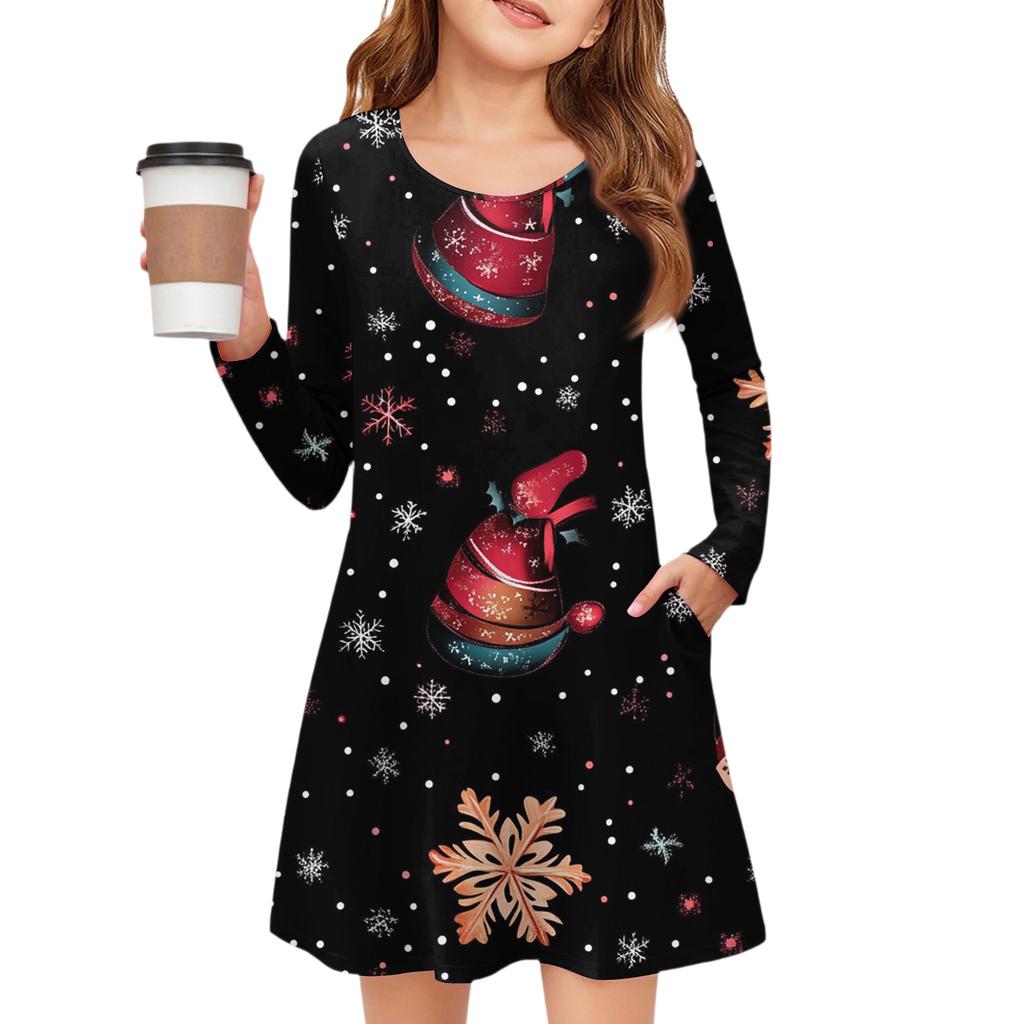 Christmas Day Girls' Long Sleeve Dress - Color Pocket Dress