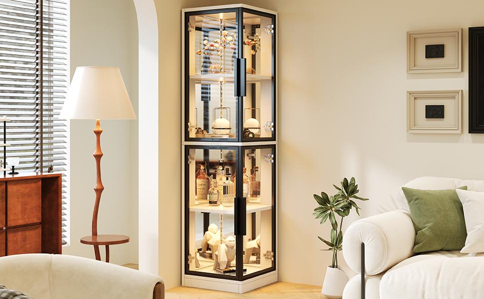 Display Cabinet with Glass 44 × 42 × 164 cm, Mirror Back, Double-Sided Glass, LED Lighting Color Change, Collectibles, Books, Wine & Decoration, White