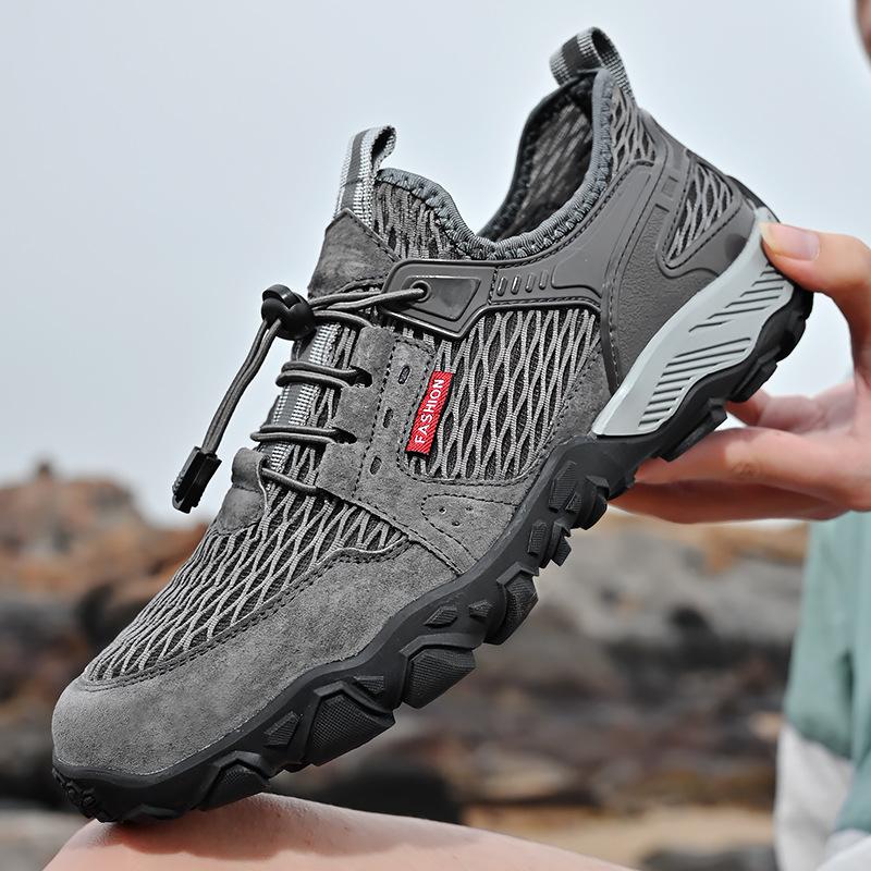 2025 New Hiking Shoes Men's Summer Leather Breathable Outdoor Sports and Leisure Shoes Non-slip Soft Bottom Mesh Hiking
