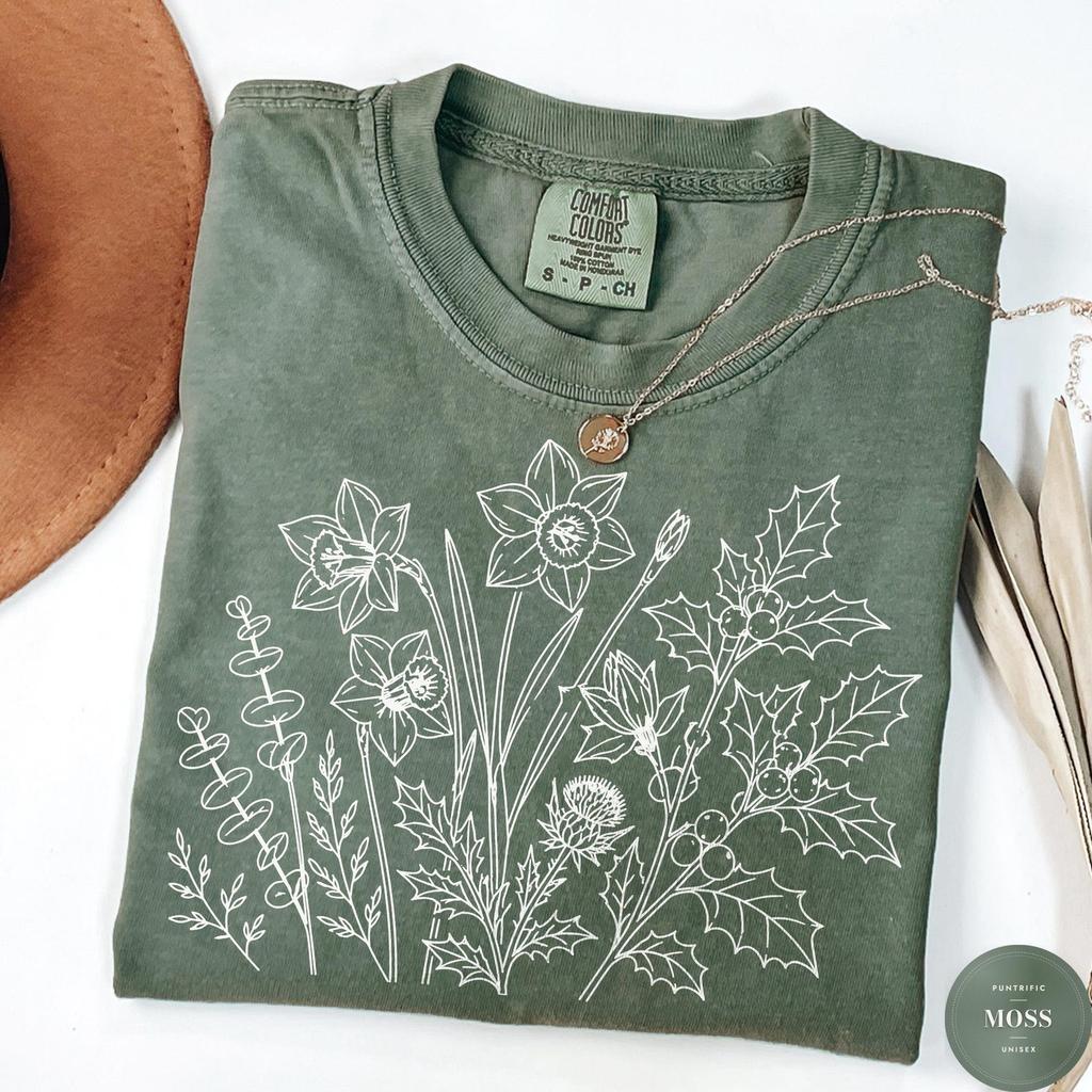 Comfort Colors® Wildflower Botanical Shirt, Daffodil Holly Thistle Eucalyptus Tee, Cottagecore Minimalist Floral Graphic T-Shirt, Nature