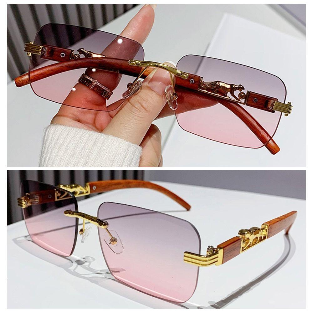 Metal Temples Rimless Cut Edge Sunglasses UV400 Cool Cheetah Design Sunglasses Unique Summer Traveling Eyewear for Women & Men