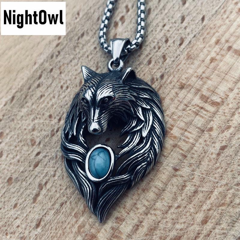 Крутое мужское ожерелье из нержавеющей стали с бирюзовым кулоном в виде головы волка для мужчин и женщин
