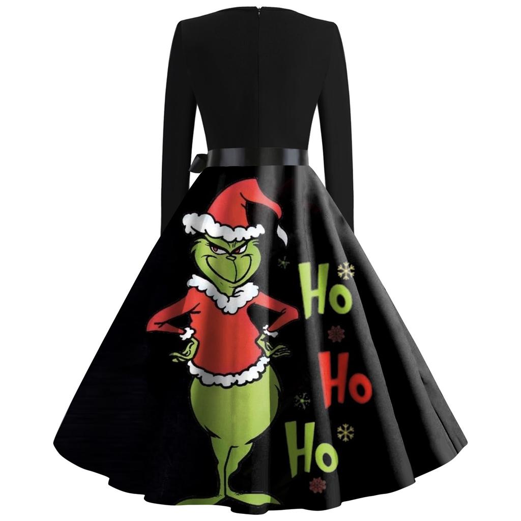 Women's Christmas Print Flare Dress For Women Long Sleeve Dress Party Casual Dresses