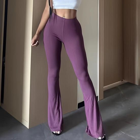 Women Flared Pants Elastic High Waist Solid Color Long Pants