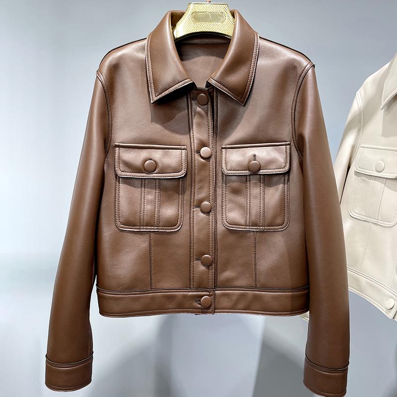 Весенне-осенняя кожаная куртка для женщин, новинка 2023 года, женские куртки-бомберы, мотоциклетные 100% настоящие дубленки