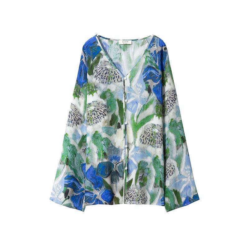 Женская блузка из набивного шелка тутового дерева, крепдешина, для пляжа, топ для отпуска, весенний наряд