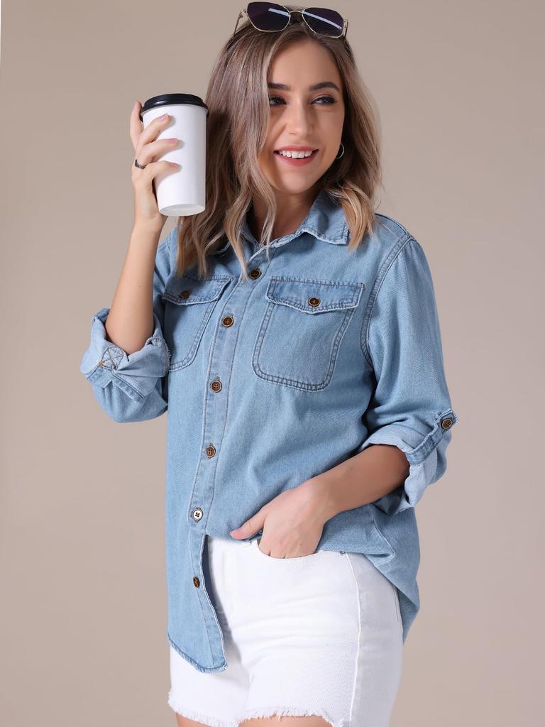 Allegra K CIMUK Women's Denim Jacket, Long Sleeve Button-Down with Pockets, Light Blue, Size M