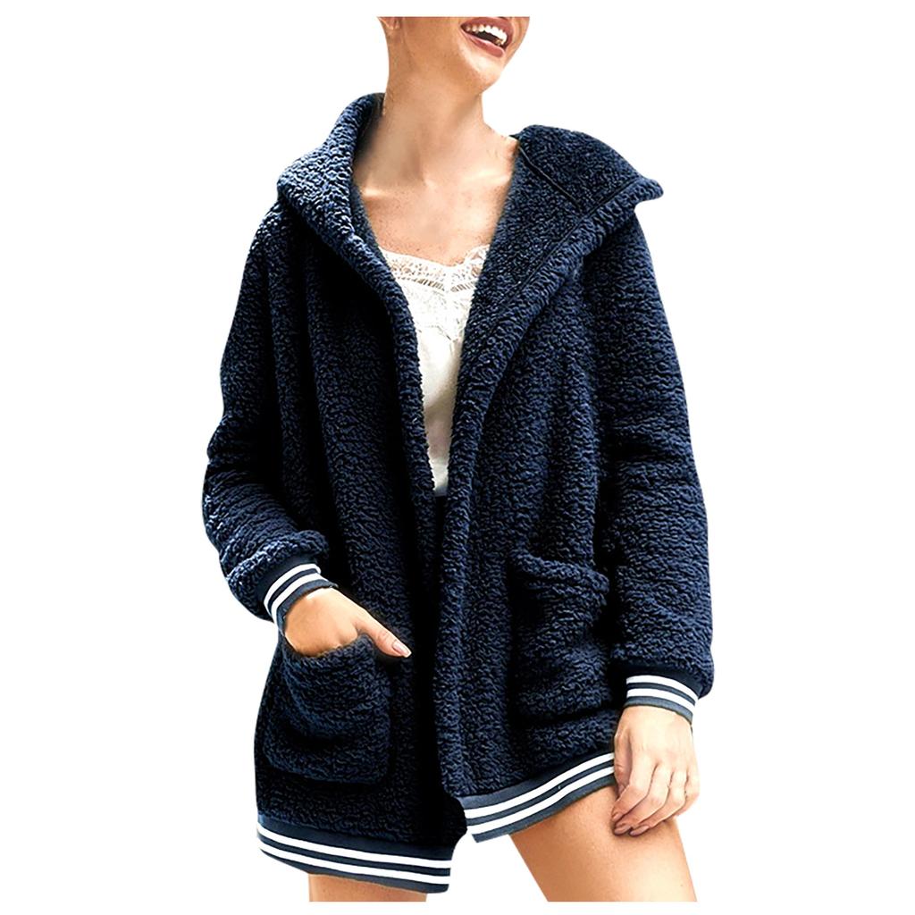Women's And Winter Loose Solid Color Stitching Long-Sleeved Pockets Plush Hooded Cardigan Coat