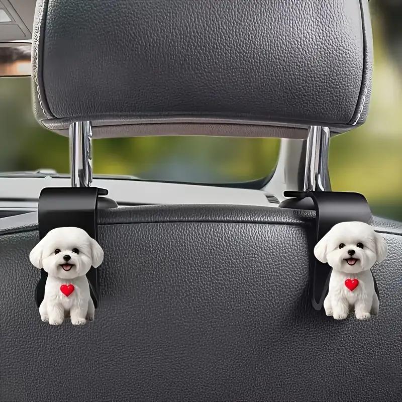 Cute white Pomeranian car hook, 2D acrylic dog hidden organizer, backrest clip. Multi-function for cars, SUVs, no-drill install.