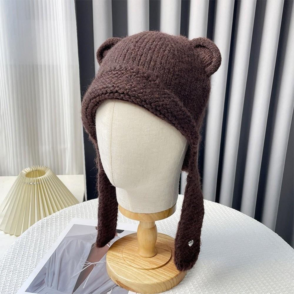Cute Warm Beanie Hats Y2k Ear Protection Cap Fashion Bear Ear Knitted Cap  Streetwear