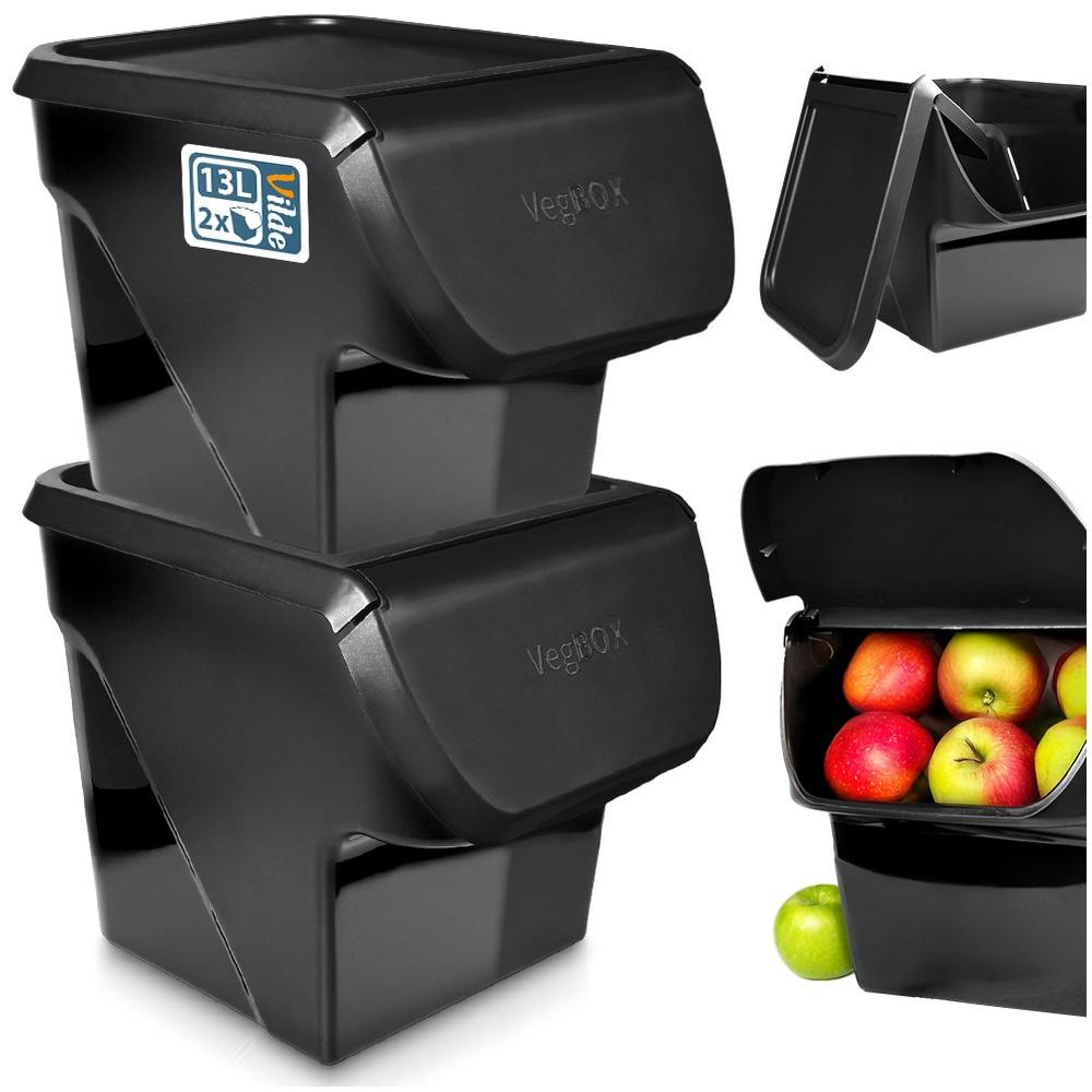 Vegetable And Fruit Container With Lid, Black, 13 L, 2 Pcs.