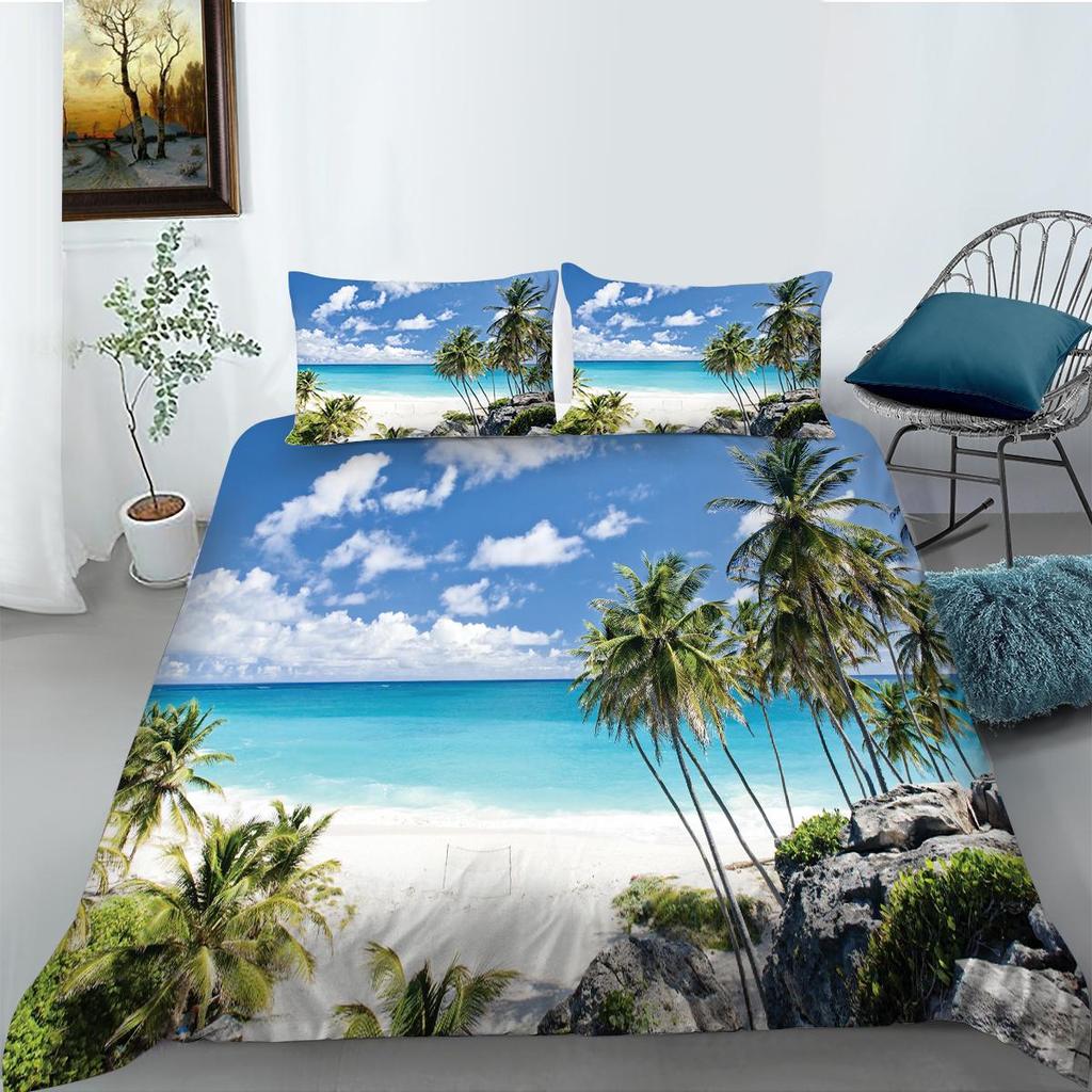 Постельное белье с рисунком 3D-пейзажа, односпальная двуспальная кровать, полноразмерная наволочка и пододеяльник, печать с изображением моря и растений, украшение дома из материала из микрофибры
